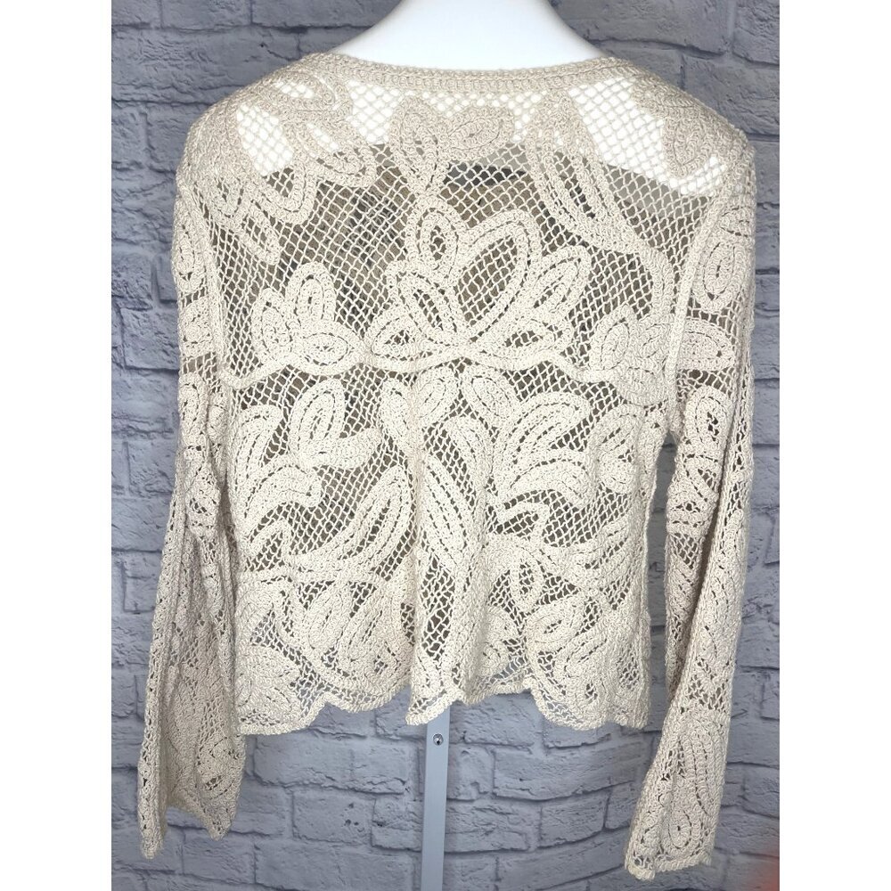 Boho Knit Cardigan Sweater Beige Size MED Ladies Crochet Button Down - Picture 2 of 7